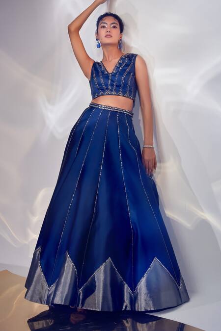 Buy Akara Blue Silk, Taffeta Sequins, Cut Work Stripe Embroidered Lehenga And Blouse Set Online at Aza Fashions Buy_Akara_Blue Silk, Taffeta Sequins, Cut Work Stripe Embroidered Lehenga And Blouse Set _Online_at_Aza_Fashions