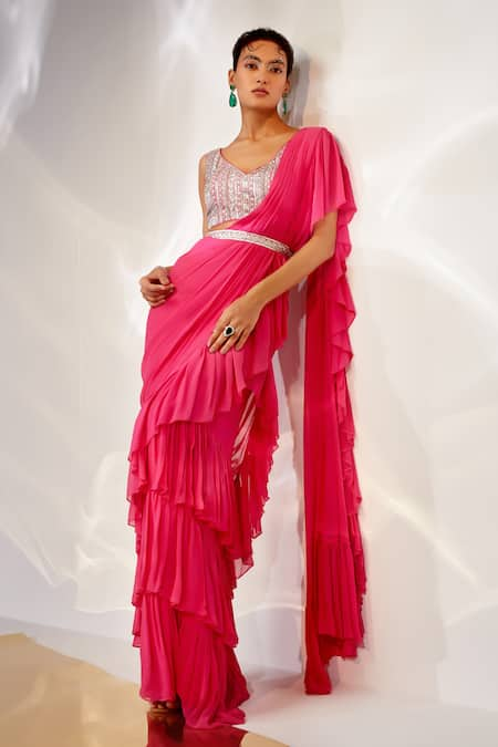 AKARA Pink Georgette Embroidery Cutdana Square Pre-draped Ruffle Saree With Blouse 