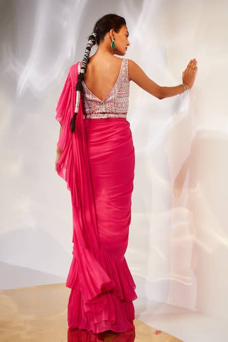 Akara Pre-Draped Ruffle Saree With Embroidered Blouse 