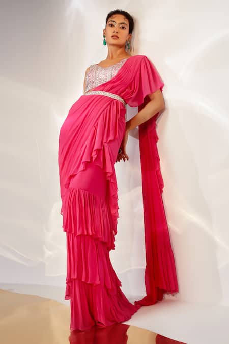 Buy_Akara_Pink Georgette Cut Work, Sequins Pre-draped Ruffle Saree With Embroidered Blouse _Online_at_Aza_Fashions
