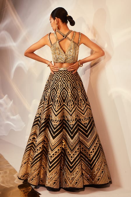 Shop Akara Black Taffeta, Silk Cut Work, Sequins, Geometric Embroidered Lehenga Blouse Set at Aza Fashions Shop_Akara_Black Taffeta, Silk Cut Work, Sequins, Geometric Embroidered Lehenga Blouse Set _at_Aza_Fashions