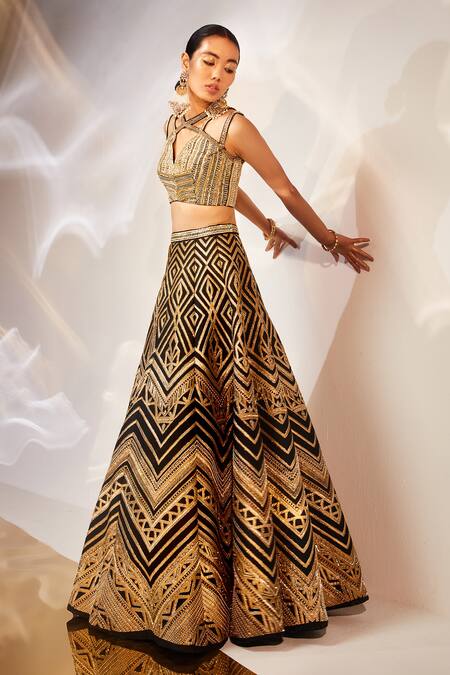 Akara Black Taffeta, Silk Cut Work, Sequins, Geometric Embroidered Lehenga Blouse Set Online at Aza Fashions Akara_Black Taffeta, Silk Cut Work, Sequins, Geometric Embroidered Lehenga Blouse Set _Online_at_Aza_Fashions