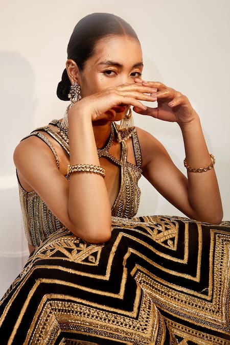Akara Black Taffeta, Silk Cut Work, Sequins, Geometric Embroidered Lehenga Blouse Set at Aza Fashions Akara_Black Taffeta, Silk Cut Work, Sequins, Geometric Embroidered Lehenga Blouse Set _at_Aza_Fashions