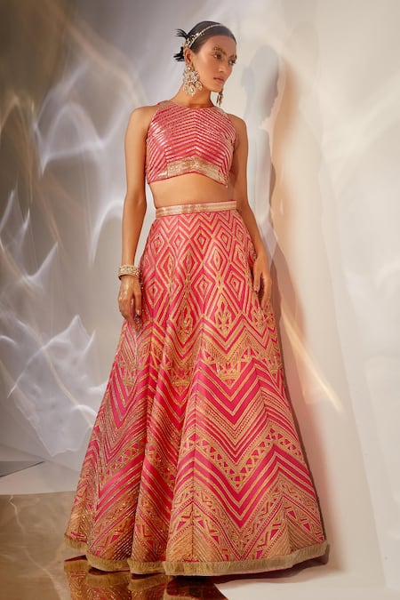 AKARA Pink Taffeta Silk Embroidery Thread Round Geometric Lehenga Set 