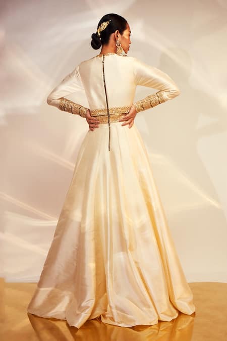 Shop Akara Ivory Taffeta Cut Work, Sequins Plunge Neck Neckline Embellished A-line Anarkali at Aza Fashions Shop_Akara_Ivory Taffeta Cut Work, Sequins Plunge Neck Neckline Embellished A-line Anarkali _at_Aza_Fashions