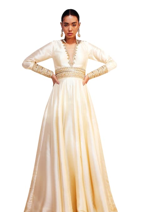 Buy Akara Ivory Taffeta Cut Work, Sequins Plunge Neck Neckline Embellished A-line Anarkali Online at Aza Fashions Buy_Akara_Ivory Taffeta Cut Work, Sequins Plunge Neck Neckline Embellished A-line Anarkali _Online_at_Aza_Fashions
