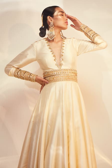 Shop Akara Ivory Taffeta Cut Work, Sequins Plunge Neck Neckline Embellished A-line Anarkali Online at Aza Fashions Shop_Akara_Ivory Taffeta Cut Work, Sequins Plunge Neck Neckline Embellished A-line Anarkali _Online_at_Aza_Fashions