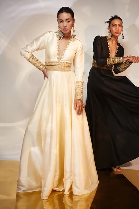 Akara Ivory Taffeta Cut Work, Sequins Plunge Neck Neckline Embellished A-line Anarkali at Aza Fashions Akara_Ivory Taffeta Cut Work, Sequins Plunge Neck Neckline Embellished A-line Anarkali _at_Aza_Fashions