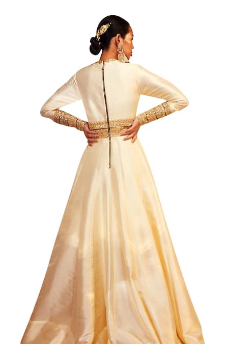Buy Akara Ivory Taffeta Cut Work, Sequins Plunge Neck Neckline Embellished A-line Anarkali Buy_Akara_Ivory Taffeta Cut Work, Sequins Plunge Neck Neckline Embellished A-line Anarkali