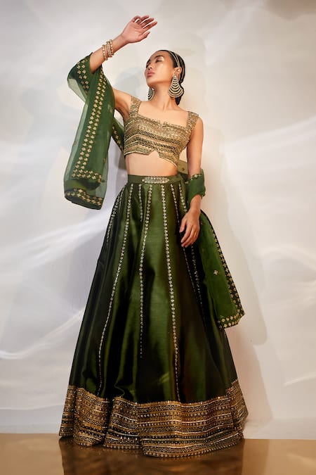 AKARA Green Dola Silk Embroidery Sequin Notched Floral Stripe Lehenga Set 