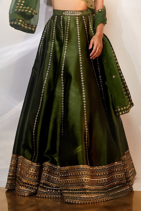 Akara_Green Silk, Denim Sequins, Cut Work Floral Stripe Embroidered Lehenga Set _Online_at_Aza_Fashions