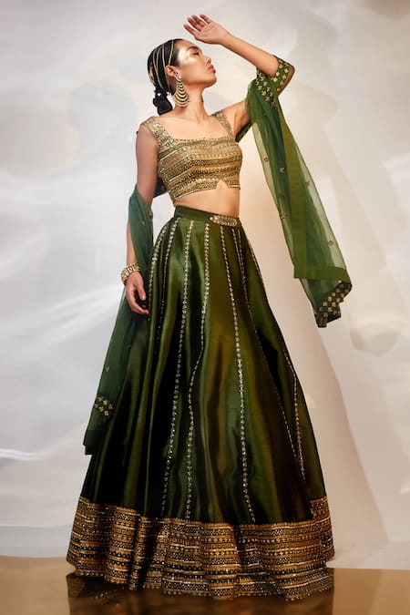 Buy_Akara_Green Silk, Denim Sequins, Cut Work Floral Stripe Embroidered Lehenga Set _Online_at_Aza_Fashions