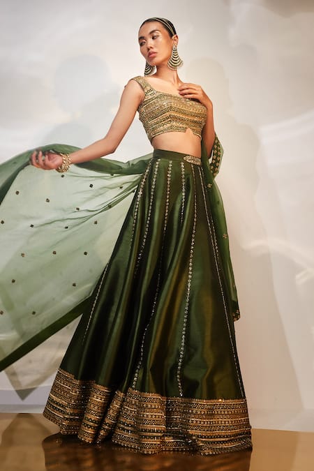 Shop_Akara_Green Silk, Denim Sequins, Cut Work Floral Stripe Embroidered Lehenga Set _Online_at_Aza_Fashions