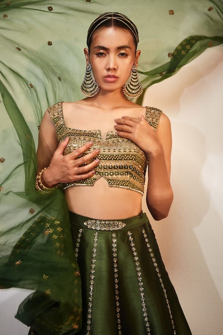 Akara_Green Silk, Denim Sequins, Cut Work Floral Stripe Embroidered Lehenga Set _at_Aza_Fashions