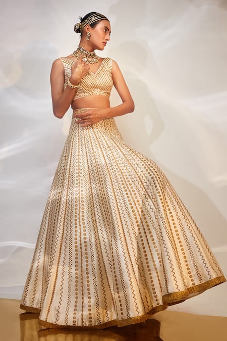 Akara_Ivory Silk, Denim Cut Work, Embroidery V-neck Chevron Lehenga And Blouse Set _Online_at_Aza_Fashions