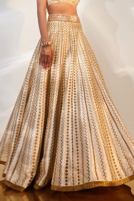 Buy_Akara_Ivory Silk, Denim Cut Work, Embroidery V-neck Chevron Lehenga And Blouse Set _Online_at_Aza_Fashions