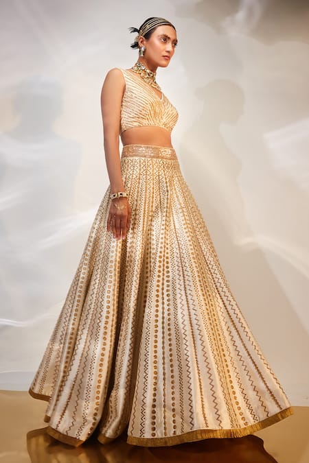 Shop_Akara_Ivory Silk, Denim Cut Work, Embroidery V-neck Chevron Lehenga And Blouse Set _Online_at_Aza_Fashions
