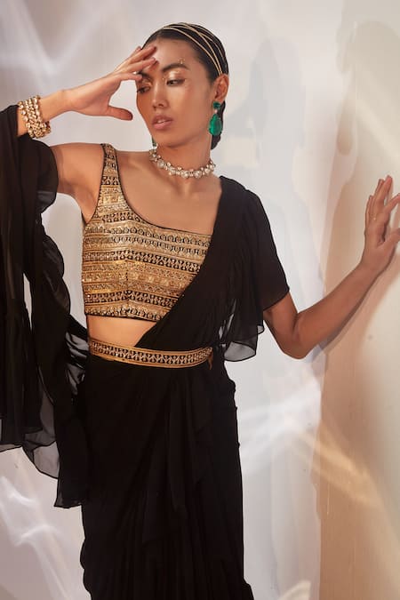 Akara_Black Georgette Sequins, Cut Work Pre-draped Saree With Embroidered Blouse _Online_at_Aza_Fashions