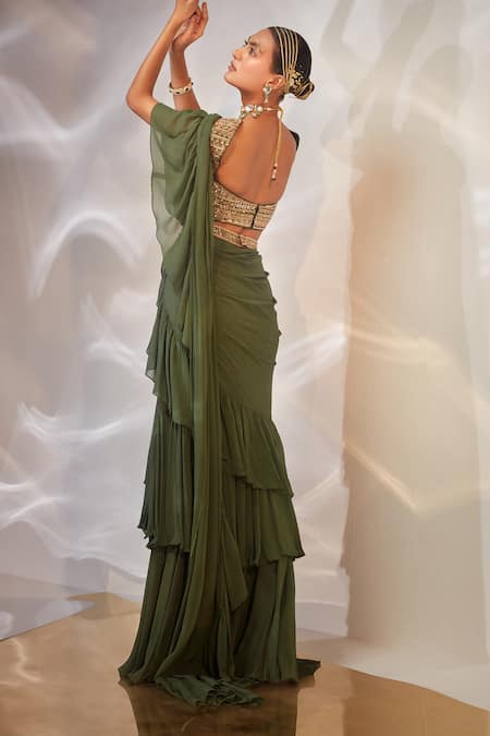 Akara Ruffle Draped Saree With Embroidered Blouse 