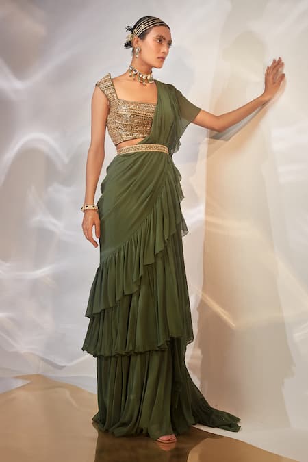 Akara_Green Georgette Sequins, Cut Work Ruffle Draped Saree With Embroidered Blouse _Online_at_Aza_Fashions