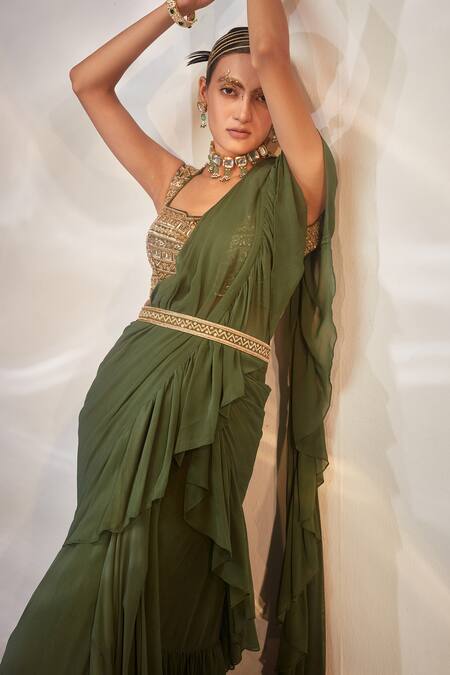 Shop_Akara_Green Georgette Sequins, Cut Work Ruffle Draped Saree With Embroidered Blouse _Online_at_Aza_Fashions