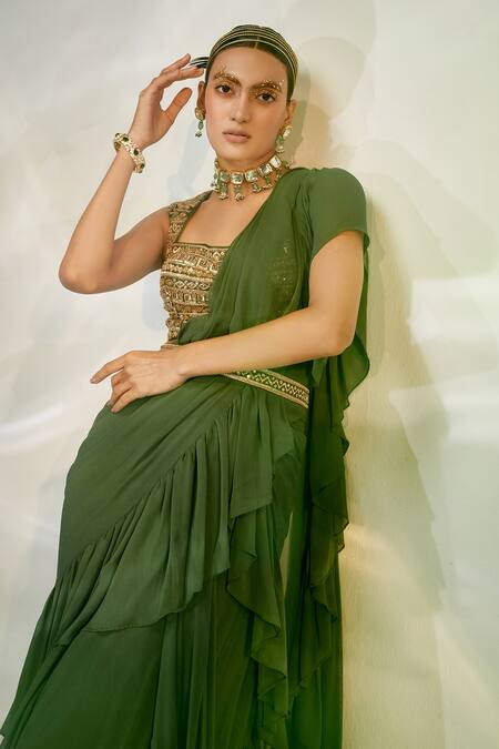 Akara_Green Georgette Sequins, Cut Work Ruffle Draped Saree With Embroidered Blouse _at_Aza_Fashions
