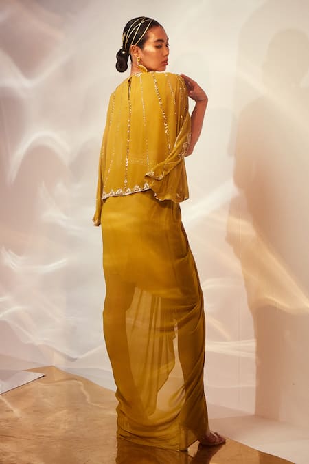 Shop_Akara_Green Georgette Sequins Plunge Neck Embroidered Cape Draped Skirt Set _at_Aza_Fashions