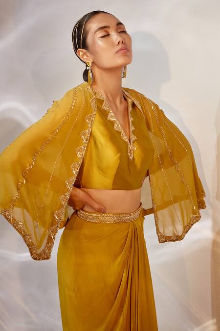Akara_Green Georgette Sequins Plunge Neck Embroidered Cape Draped Skirt Set _Online_at_Aza_Fashions