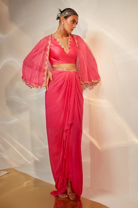 AKARA Pink Georgette Embroidery Cutdana Cape Open Border Draped Skirt Set 