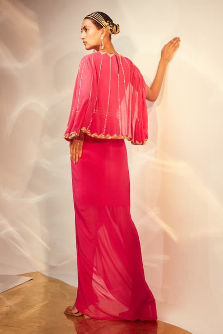 Akara Border Embroidered Cape Draped Skirt Set 