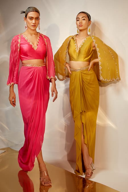 Akara_Pink Georgette Sequins Plunge Neck Border Embroidered Cape Draped Skirt Set _Online_at_Aza_Fashions