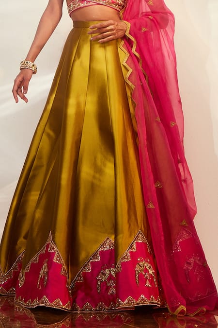 Akara_Green Taffeta Cut Work, Beads, Sequins Border Embroidered Panelled Lehenga Set _Online_at_Aza_Fashions