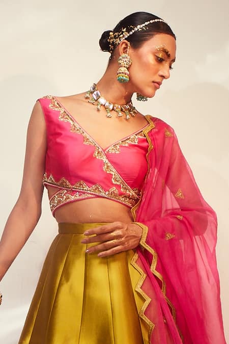 Buy_Akara_Green Taffeta Cut Work, Beads, Sequins Border Embroidered Panelled Lehenga Set _Online_at_Aza_Fashions