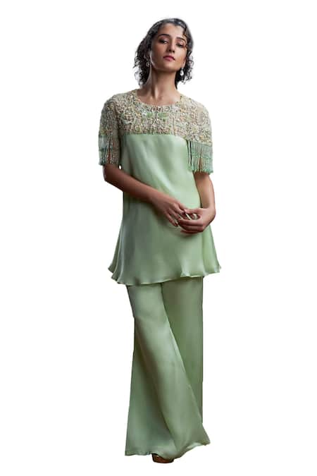 Buy_Christina_Green Satin, Organza Beads, Altis Bloom Land Embroidered Tunic With Sharara _Online_at_Aza_Fashions