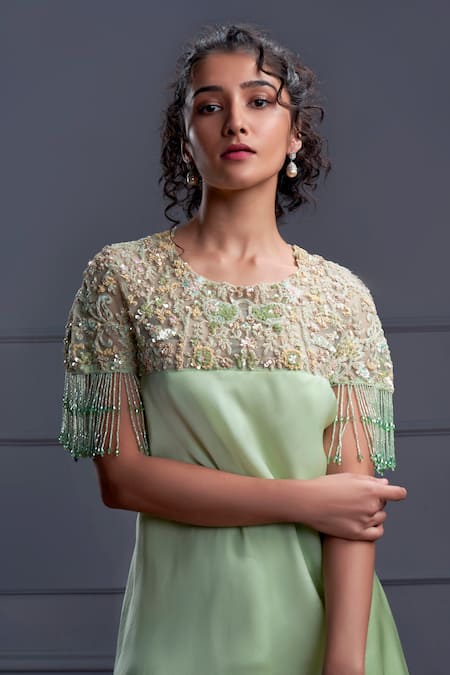Shop_Christina_Green Satin, Organza Beads, Altis Bloom Land Embroidered Tunic With Sharara _Online_at_Aza_Fashions