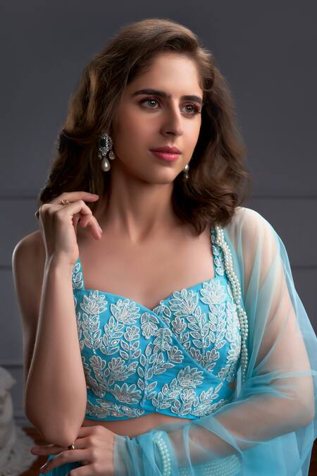 Buy_Christina_Blue Tulle, Georgette Cut Work, Pearls Antillia Gathered Tiered Lehenga Set _Online_at_Aza_Fashions