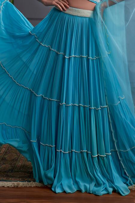Shop_Christina_Blue Tulle, Georgette Cut Work, Pearls Antillia Gathered Tiered Lehenga Set _Online_at_Aza_Fashions