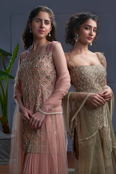 Christina_Peach Tulle, Crepe Pearls, Embroidery Sweetheart Aruba Gul Kurta Sharara Set _Online_at_Aza_Fashions