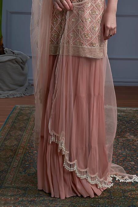 Buy_Christina_Peach Tulle, Crepe Pearls, Embroidery Sweetheart Aruba Gul Kurta Sharara Set _Online_at_Aza_Fashions