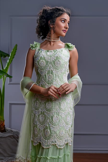 Buy_Christina_Green Tulle, Georgette Diamonds, Athena Ambrosia Embroidered Kurta Sharara Set _Online_at_Aza_Fashions