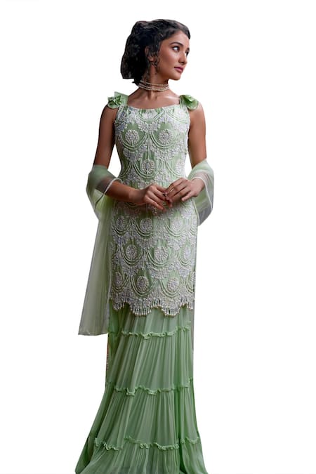 Shop_Christina_Green Tulle, Georgette Diamonds, Athena Ambrosia Embroidered Kurta Sharara Set _Online_at_Aza_Fashions