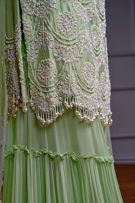 Christina_Green Tulle, Georgette Diamonds, Athena Ambrosia Embroidered Kurta Sharara Set _at_Aza_Fashions