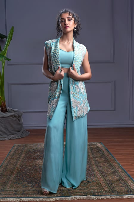 Christina Blue Silk Embroidery Sequin Lapel Collar Atlantis Fleur Jacket Flared Pant Set 