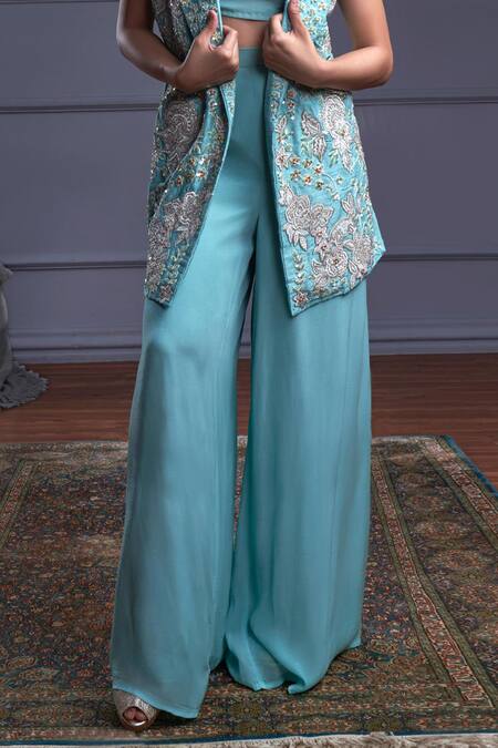 Christina_Blue Silk, Crepe Sequins, Cut Work Atlantis Fleur Embroidered Jacket Pant Set _Online_at_Aza_Fashions