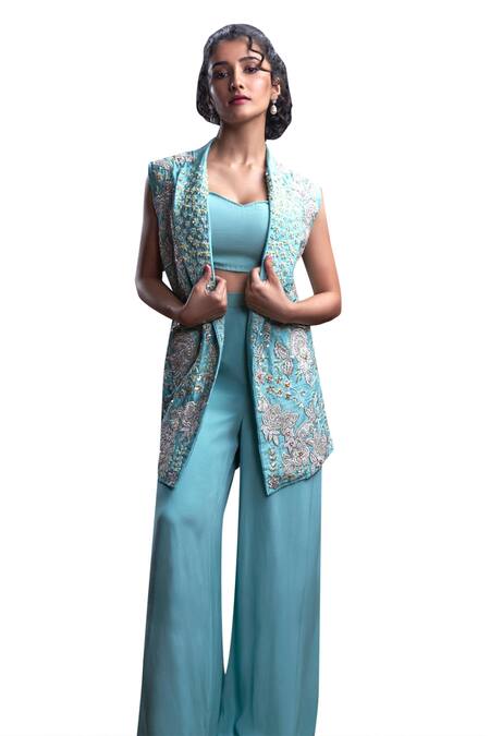 Buy_Christina_Blue Silk, Crepe Sequins, Cut Work Atlantis Fleur Embroidered Jacket Pant Set _Online_at_Aza_Fashions