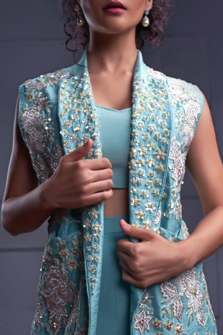 Shop_Christina_Blue Silk, Crepe Sequins, Cut Work Atlantis Fleur Embroidered Jacket Pant Set _Online_at_Aza_Fashions