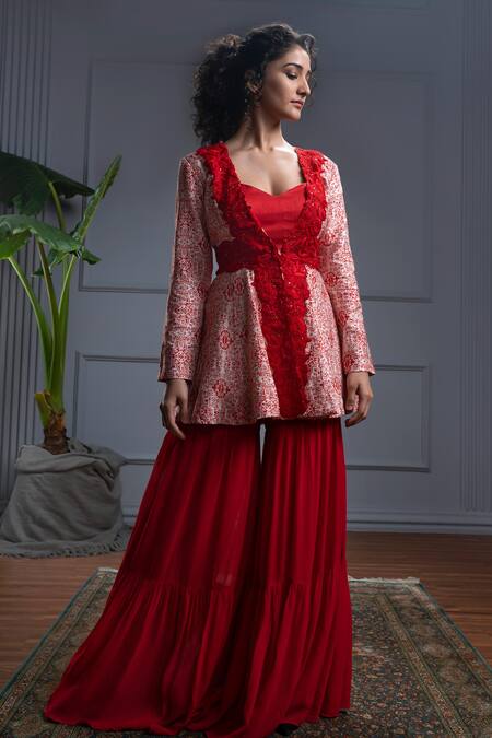 Christina Red Georgette Embroidery Resham Capri Florence Print And Peplum Jacket Set 