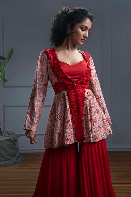 Christina Capri Florence Print & Embroidered Peplum Jacket Set 