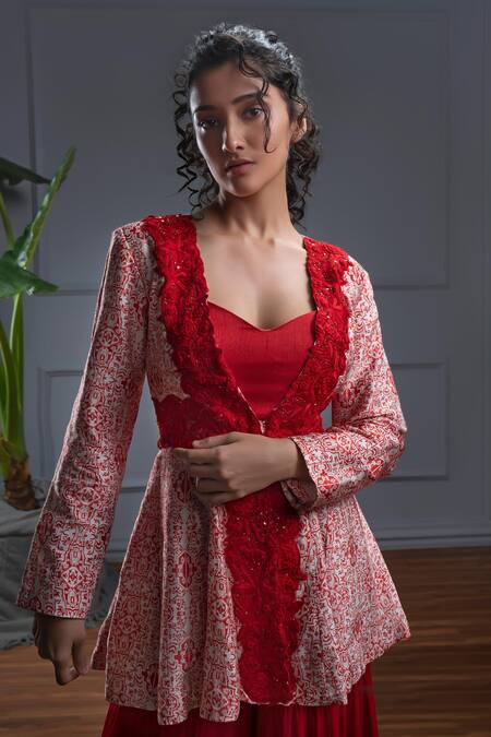 Christina_Red Georgette, Modal Embroidery, Capri Florence Print And Peplum Jacket Set _Online_at_Aza_Fashions