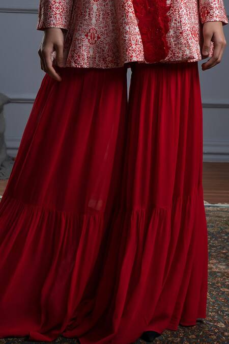 Buy_Christina_Red Georgette, Modal Embroidery, Capri Florence Print And Peplum Jacket Set _Online_at_Aza_Fashions